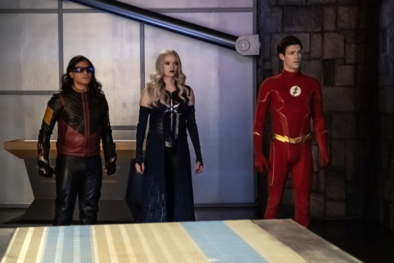 Vibe (Carlos Valdes), Killer Frost (Danielle Panabaker), and the Flash (Grant Gustin) wearing their jazzy outfits.
